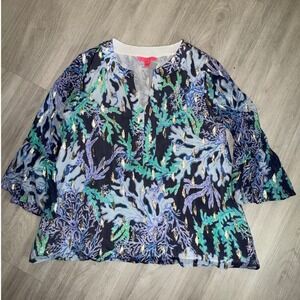 Lilly Pulitzer Silk Blend Metallic Gold Coral Print Bell Sleeve Tunic Top Blue M